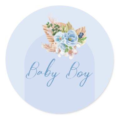 Boho Blue Pampass Grass Floral Oh Boy Baby Shower Classic Round Sticker