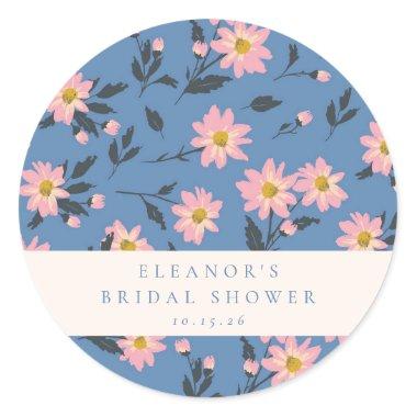 Boho Blue Pink Floral Bridal Shower Custom Name Classic Round Sticker