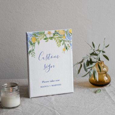 Boho Blue tile and Lemon wedding Arch table Sign