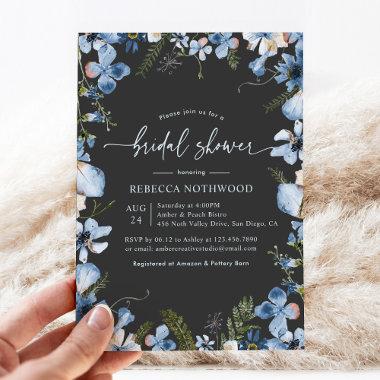 Boho Blue Watercolor Floral Charcoal Bridal Shower Invitations