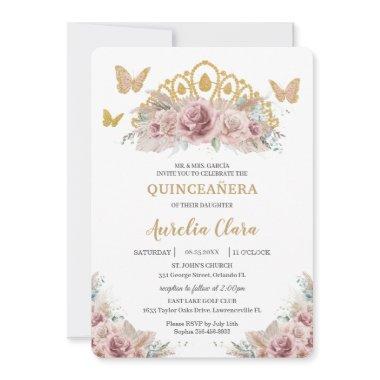 Boho Blush Dusty Rose Floral Pampas Quinceañera Invitations