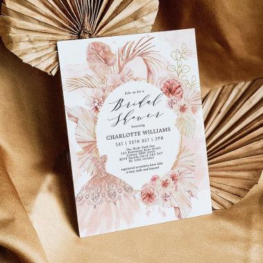 Boho Blush Floral Pampas Grass Bridal Shower Dress Invitations