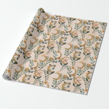 Boho Blush Green Botanical Moon  Wrapping Paper