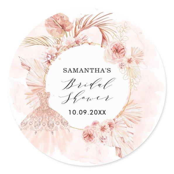 Boho Blush Pampas Glitter Dress Bridal Shower Classic Round Sticker