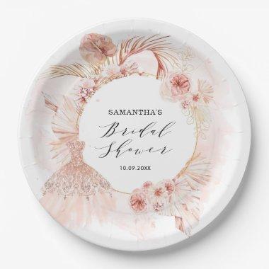 Boho Blush Pampas Glitter Dress Bridal Shower Paper Plates