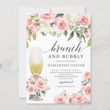Boho blush pink floral champagne brunch and bubbly Invitations