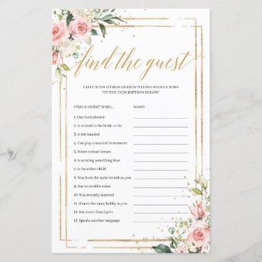 Boho blush pink floral gold find the guest game
