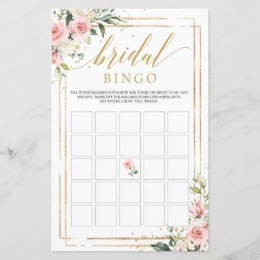Boho blush pink floral gold frame bingo game