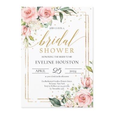 Boho blush pink floral gold frame bridal shower Invitations