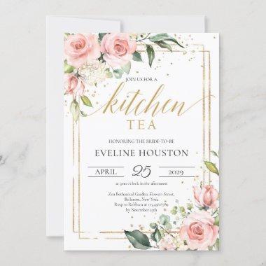 Boho Blush pink floral gold frame kitchen tea  Invitations