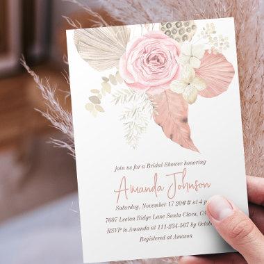 Boho Blush Pink Rose Pampass Grass Bridal Shower Invitations