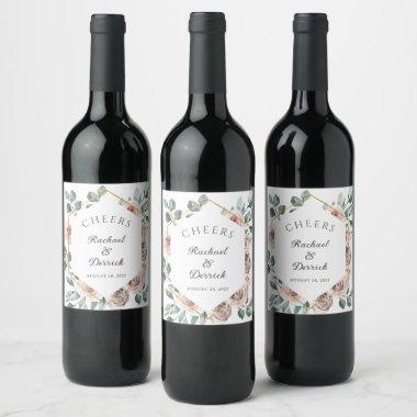 Boho Blush Rose Floral Wedding Wine Label