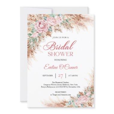 Boho Blush roses floral pampas grass greenery Invitations