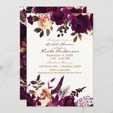 Boho Bordeaux Maroon Floral Fall Bridal Shower Invitations