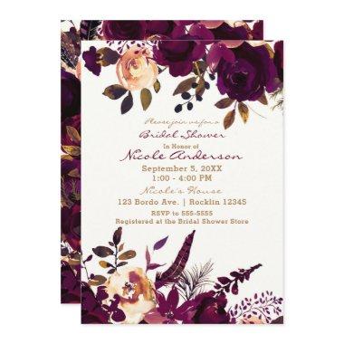 Boho Bordeaux Maroon Floral Fall Bridal Shower Invitations