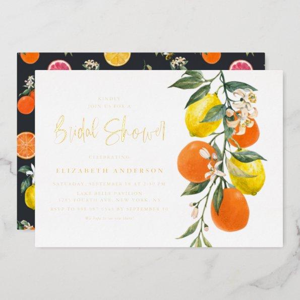 Boho Botanical Orange and Lemon Bridal Shower Foil Invitations