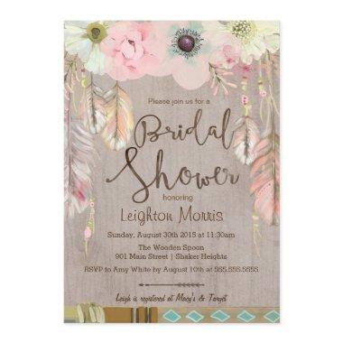 Boho Bridal Shower Invite, Tribal Feather Rustic Invitations