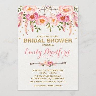 Boho Bridal Shower Pink Gold Floral Dreamcatcher Invitations