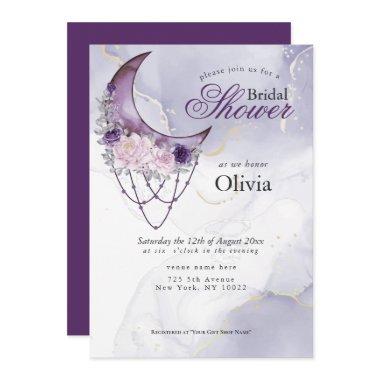 Boho Bridal Shower Purple Crescent Moon Mandala Invitations