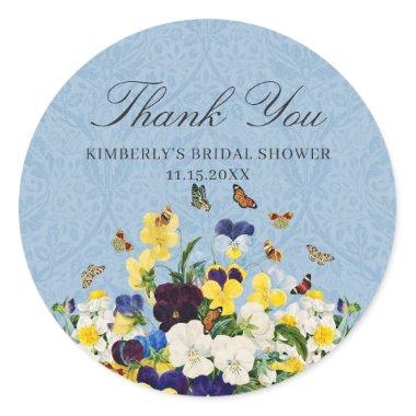 Boho Bridal Shower Thank You Pansies Butterflies Classic Round Sticker