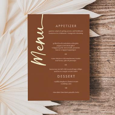 Boho Brown Terracotta Gold Foil Script Menu Invitations