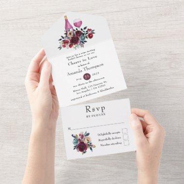 Boho Burgundy and Navy Bridal Shower Wine Tasting All In One Invitations