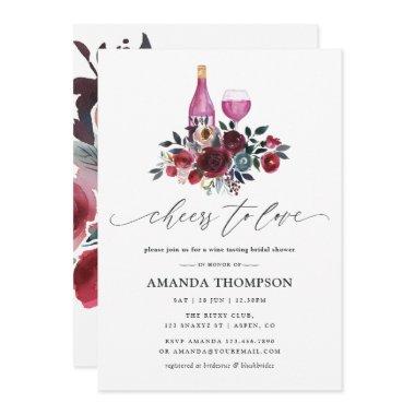 Boho Burgundy and Navy Bridal Shower Wine Tasting Invitations