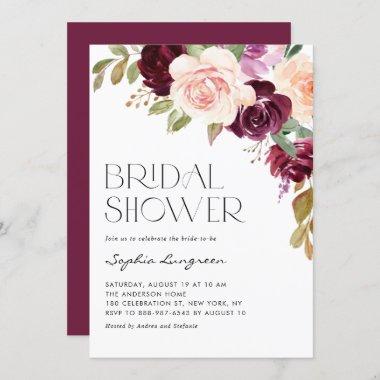 Boho Burgundy and Peach Flowers Fall Bridal Shower Invitations