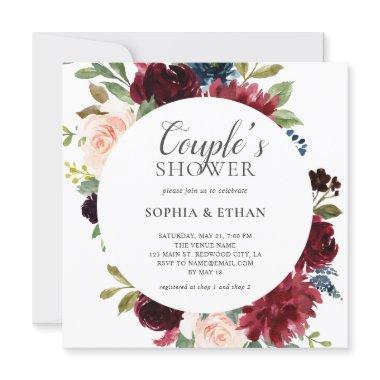 Boho Burgundy Blue Flowers Script Couples Shower