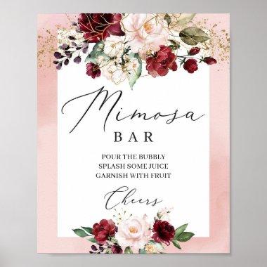 Boho burgundy blush pink floral mimosa bar sign