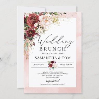 Boho burgundy blush pink floral wedding brunch Invitations