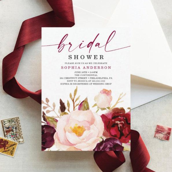 Boho Burgundy Floral Bridal Shower Invitations