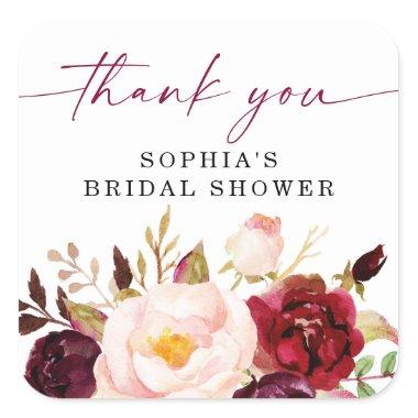 Boho Burgundy Floral Bridal Shower Thank You Square Sticker