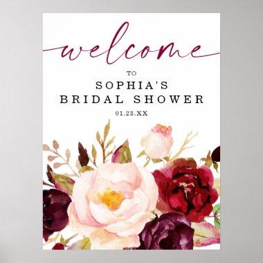 Boho Burgundy Floral Bridal Shower Welcome Sign