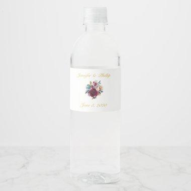 Boho Burgundy Navy Blue Watercolor Floral Wedding Water Bottle Label
