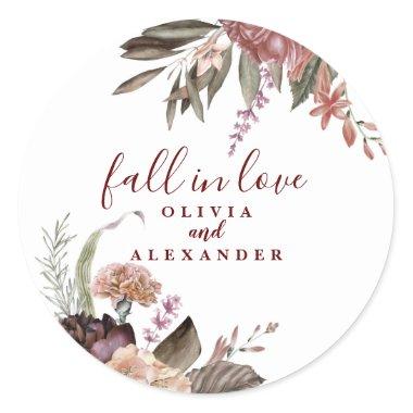 Boho Burgundy Roses fall in love floral wedding Classic Round Sticker