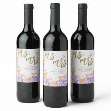 Boho Butterflies Hydrangeas Purple  Wine Label