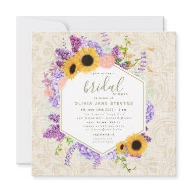 Boho Butterfly Sunflower Frame Beige Bridal Shower Invitations