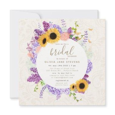 Boho Butterfly Sunflower Lilac Linen Bridal Shower Invitations