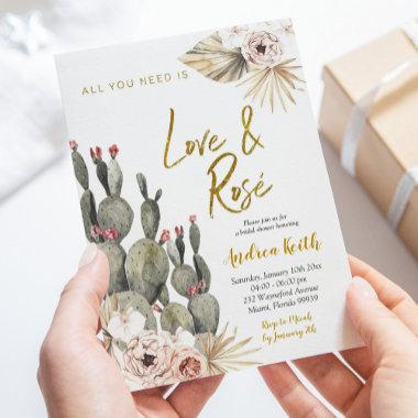 Boho Cactus Love and Rosé Bridal Shower Invitations
