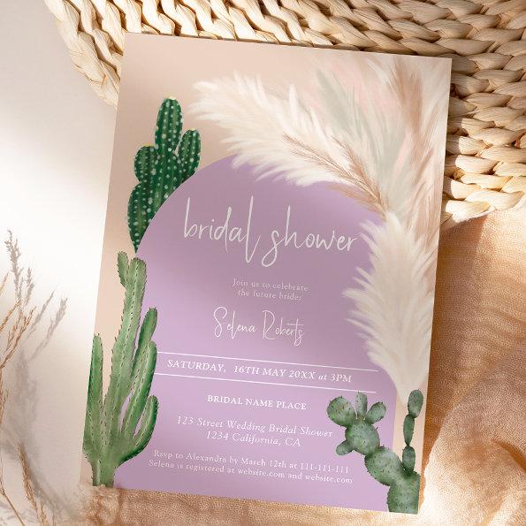 Boho cactus pampas arch purple Bridal shower Invitations