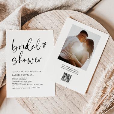 Boho Calligraphy Black QR Code Bridal Shower Invitations