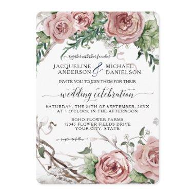 BOHO Chic Blush Pink Floral Rustic Wreath Wedding Invitations