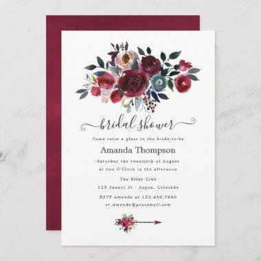 Boho Chic Burgundy & Navy floral Brunch and Bubbly Invitations