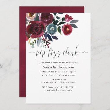 Boho Chic Burgundy & Navy floral Brunch and Bubbly Invitations