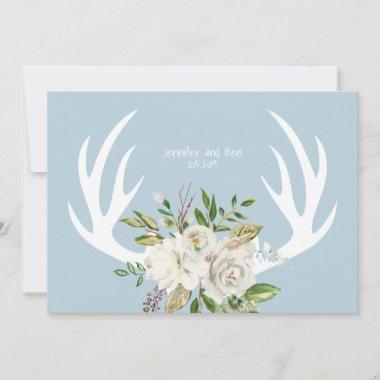 Boho Chic Floral Antlers Wedding Blue Thank You Invitations