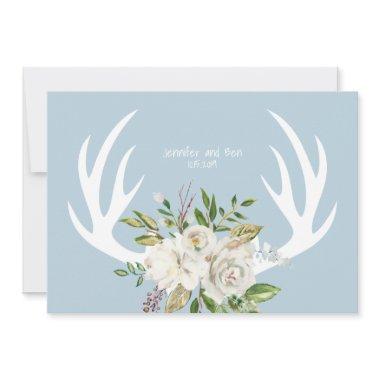 Boho Chic Floral Antlers Wedding Blue Thank You Invitations