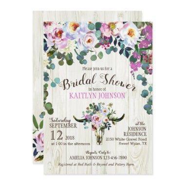 Boho Chic Longhorn Cow Skull Floral Bridal Shower Invitations