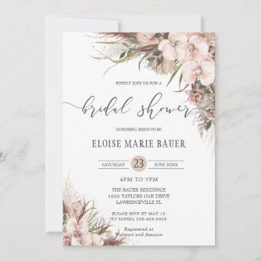 Boho Chic Pampas Grass Orchid Floral Bridal Shower Invitations