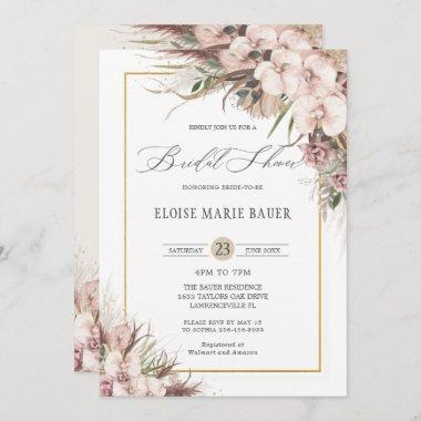 Boho Chic Pampas Grass Orchid Floral Bridal Shower Invitations